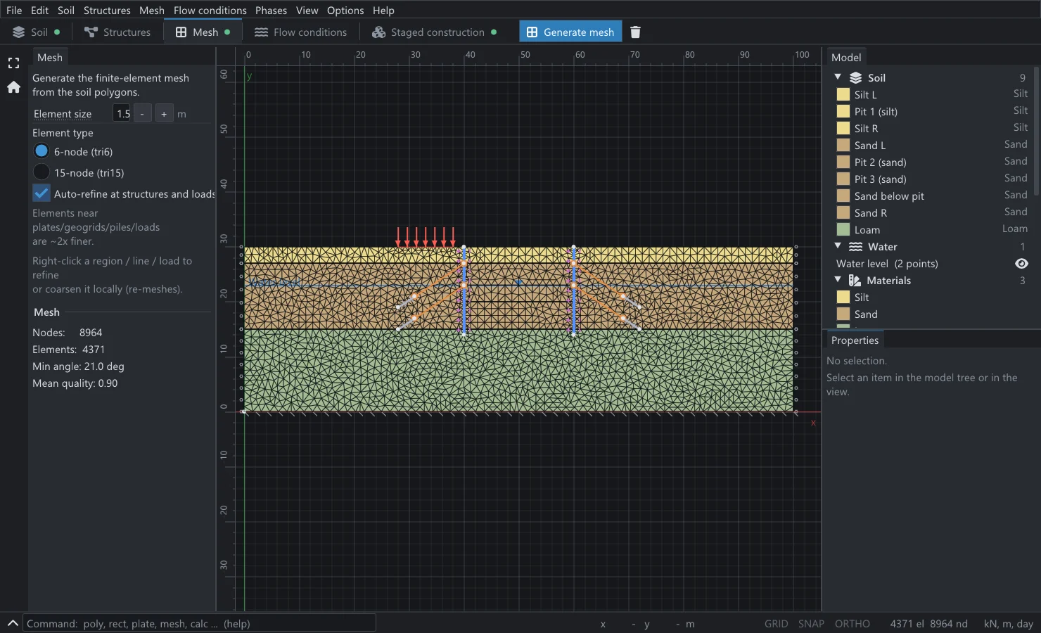 KATAI 2D mesh view of a tied-back excavation: an unstructured triangular finite element mesh of 4371 elements and 8964 nodes over three soil layers, refined around two retaining walls and four anchors, with a reported minimum angle of 21.0 degrees and mean quality 0.90.