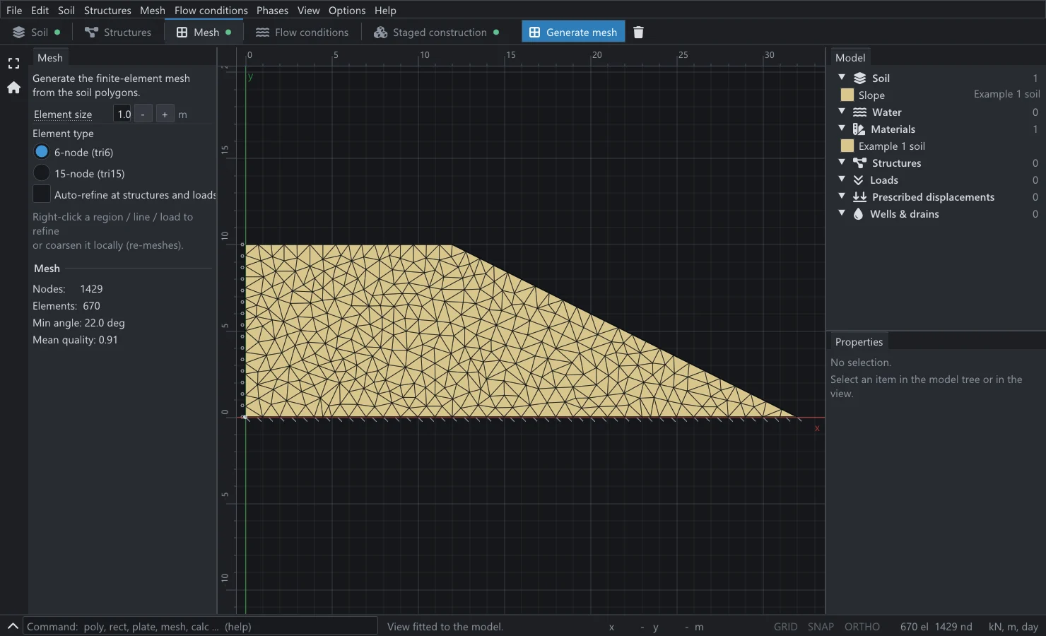 KATAI 2D mesh mode showing the Griffiths and Lane slope meshed with triangular finite elements, with mesh statistics in the side panel.